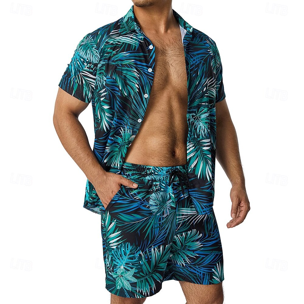 Men's Plants Trees / Leaves 2pcs Shirts Sets Summer Tops Short Sleeve Short Pants Turndown Casual Outdoor Home Casual 3D Print Summer Robin's Egg Blue 2025 - $37.99 –P2