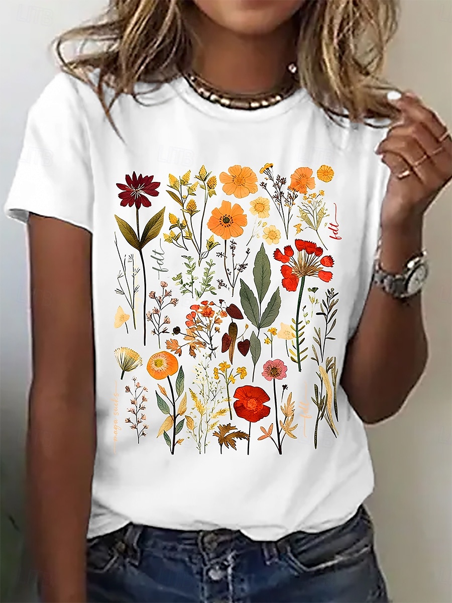 Women's T Shirt Print Floral Basic Short Sleeve Round Neck Regular Tops Daily Weekend Black White Gray Summer 2026 - $21.99 –P1
