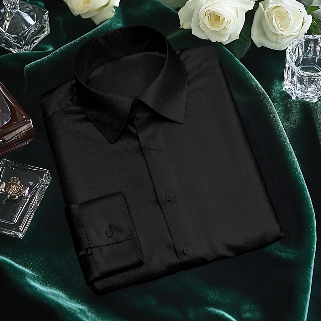 Homens Camisa Social Blusa de cetim Camisa casual camisa de botão Tecido Casamento Férias Preto Branco Vinho Azul Marinha Manga Longa Lapela Primavera & Outono Roupa de 2026 por $26.99 –P3
