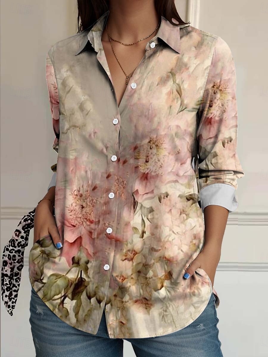 Damen Hemd Tiermotiv Geometrisch Lässig Langarm Hemdkragen Normale Oberteile Arbeit Täglich Knöpfe Druck Pudriges Rosa Frühling Herbst Winter 2025 - $32.99 –P1