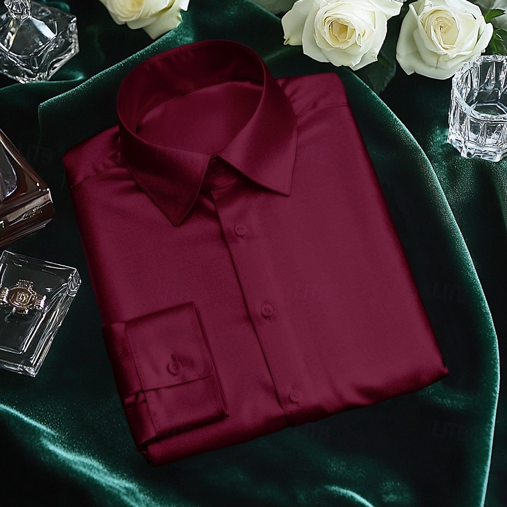 Homens Camisa Social Blusa de cetim Camisa casual camisa de botão Tecido Casamento Férias Preto Branco Vinho Azul Marinha Manga Longa Lapela Primavera & Outono Roupa de 2026 por $26.99 –P7