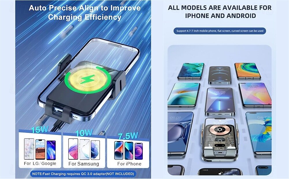 2025年 15W オートマチック カー ワイヤレス 急速充電器 電話スタンド ホルダー オートカーマウント iPhone 16 15 14 13 12 Samsung Huawei Xiaomi LG 赤外線誘導 QI ワイヤレス充電用  コレクション – $26.99 –P3