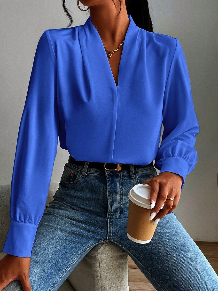 Dame Skjorte Bluse Helfarge Stilfull Fritid Langermet V-hals Vanlige topper Daglig Knapper Lomme Svart Hvit Gul Blå Grønn Sommer Vår 2025 - $31.99 –P7