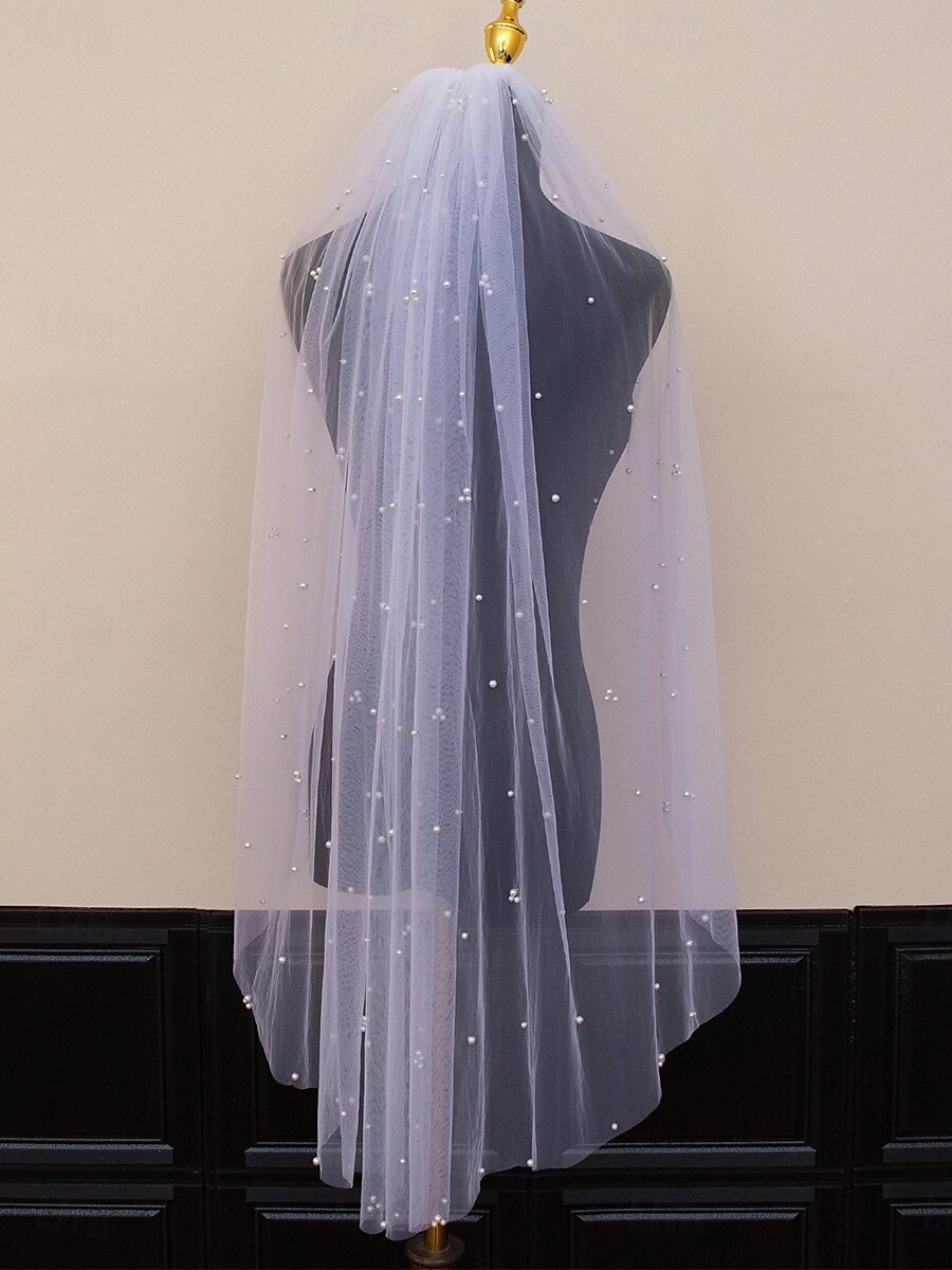 Voile de mariage contemporain  stylé à un niveau voiles jusqu'au coude avec tulle à perles synthétiques de 2025 ? $21.99 –P2