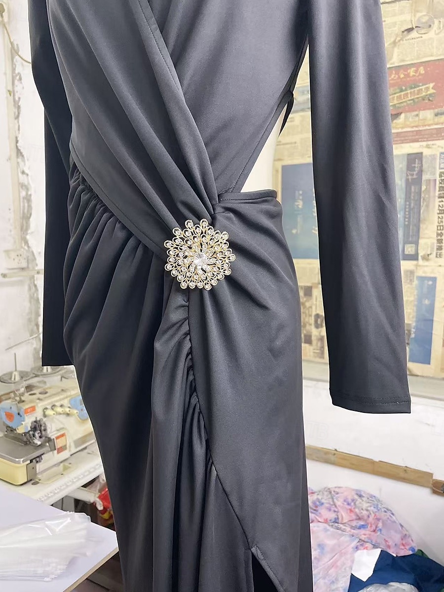 Abiti da ballo A-Line Vestito da festa Carnevale Festa Lunghezza al pavimento Maniche lunghe V Collo Poliestere con Strass del 2025 a $80.99 –P5