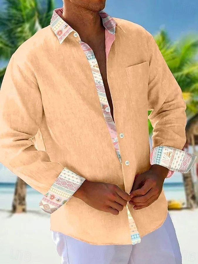 Miesten Paita Kesä paita Rento paita Rantapaita Button Up paita Valkoinen Punastuvan vaaleanpunainen Taivaan sininen Oranssi Pitkähihainen Tavallinen Kuvio Kauluskäänne Loma Havaijilainen Painike alas 2025 - $25.99 –P1