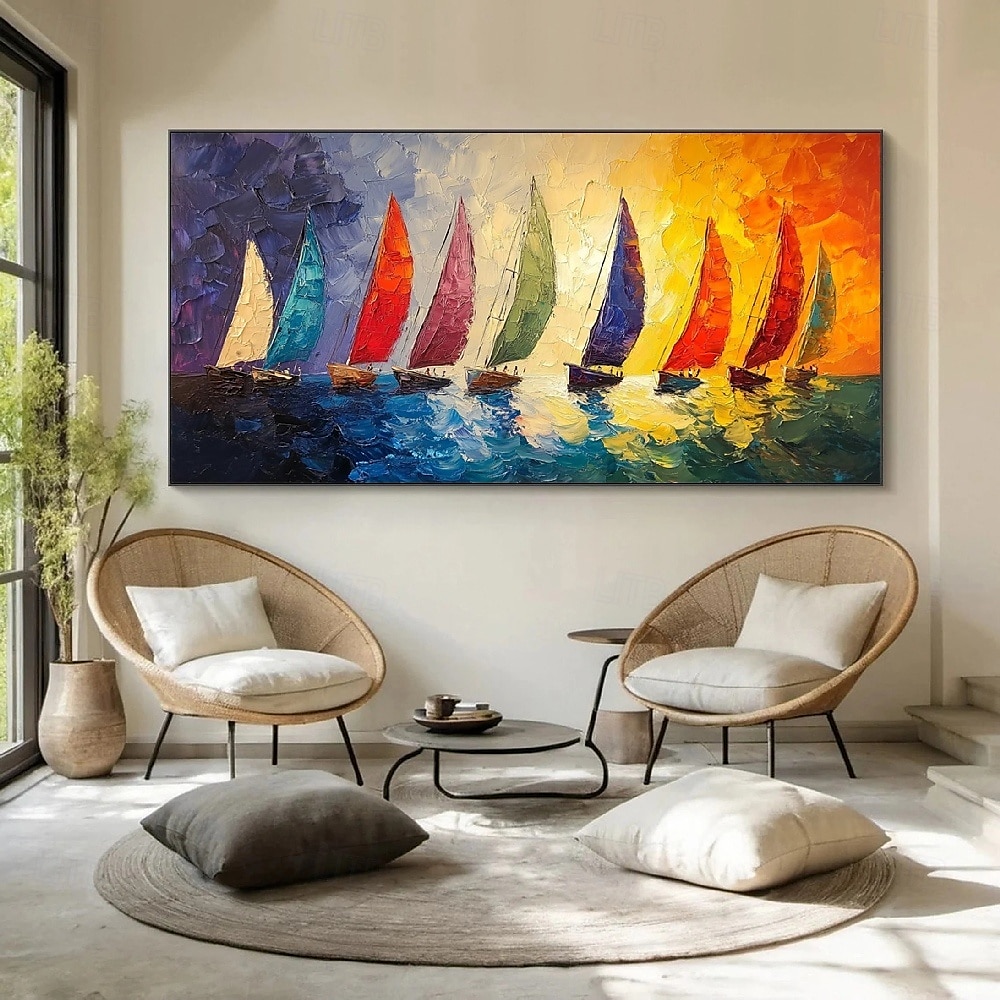 hellblaues Meereslandschafts-Segelboot-Ölgemälde, handgemalte Wandkunst, abstraktes Strand-Meereslandschaftsgemälde auf Leinwand, Wohnzimmer-Wandgemälde, riesiges extragroßes Wandkunstgemälde-Dekor 2025 - $125.99 –P1