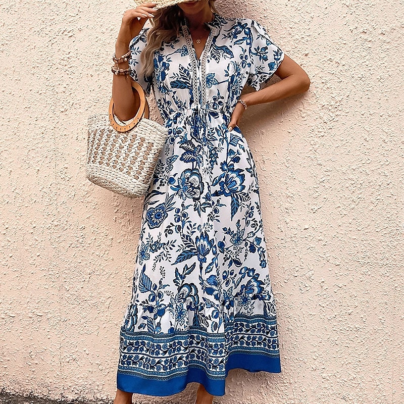 Damskie Sukienka maxi Sukienka A line Sukienka w kwiatki Sukienka Boho Elegancki Codzienny Urlop Codzienny Regularny Kwiaty Krótki rękaw W serek Niebieski Lato Wiosna 2025 - $39.99 –P2