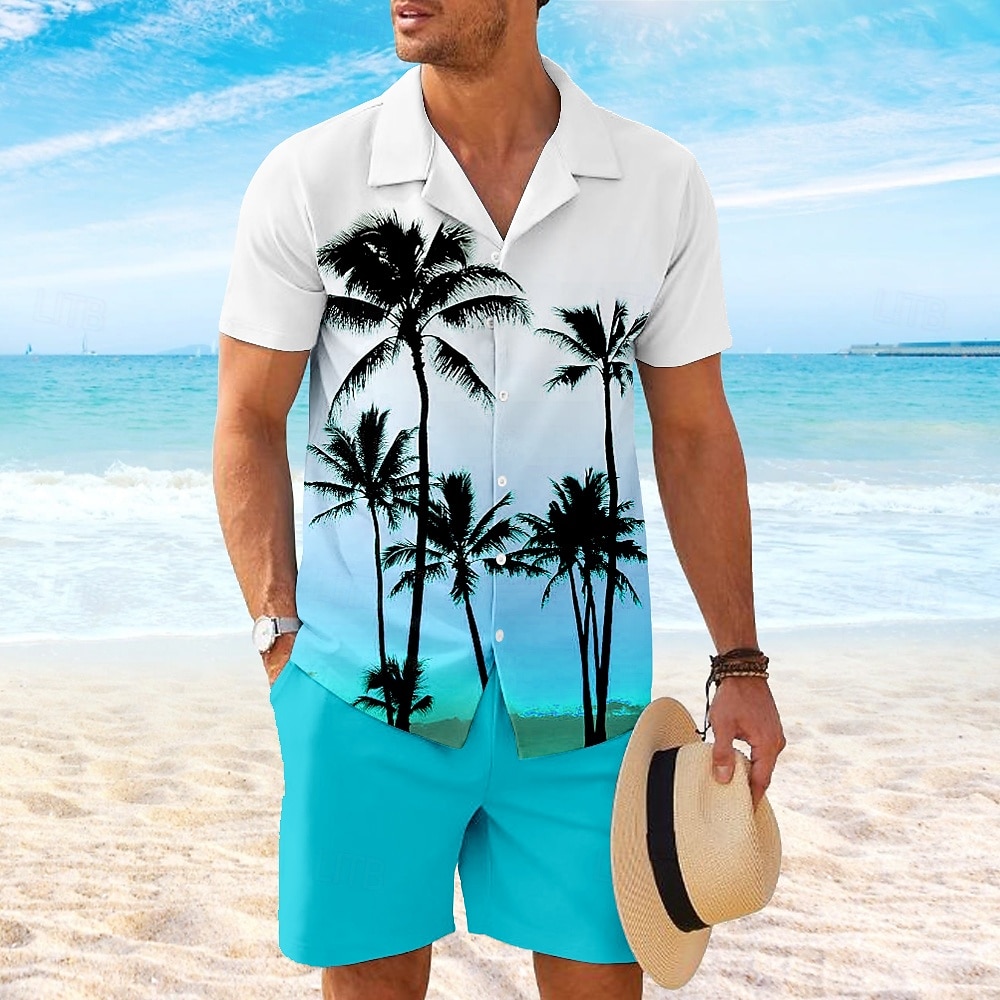 Herren Kokospalme 2St Hemden-Sets Hemd Kurzarm Kurze Hosen Kubanisches Halsband Urlaub Alltagstauglich Party Lässig Täglich 3D-Druck Sommer Rubinrot Gelb Orange 2026 - $40.99 –P2