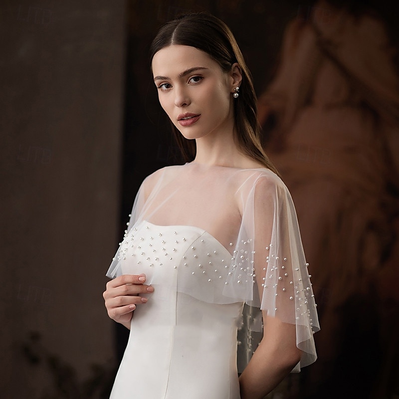 Brudeomslag Elegant Violer & Tyndere Kortermet Tyll Bryllup Wrap Med Imiterte Perler Til Bryllup Vår & Vinter 2025 - $32.99 –P4