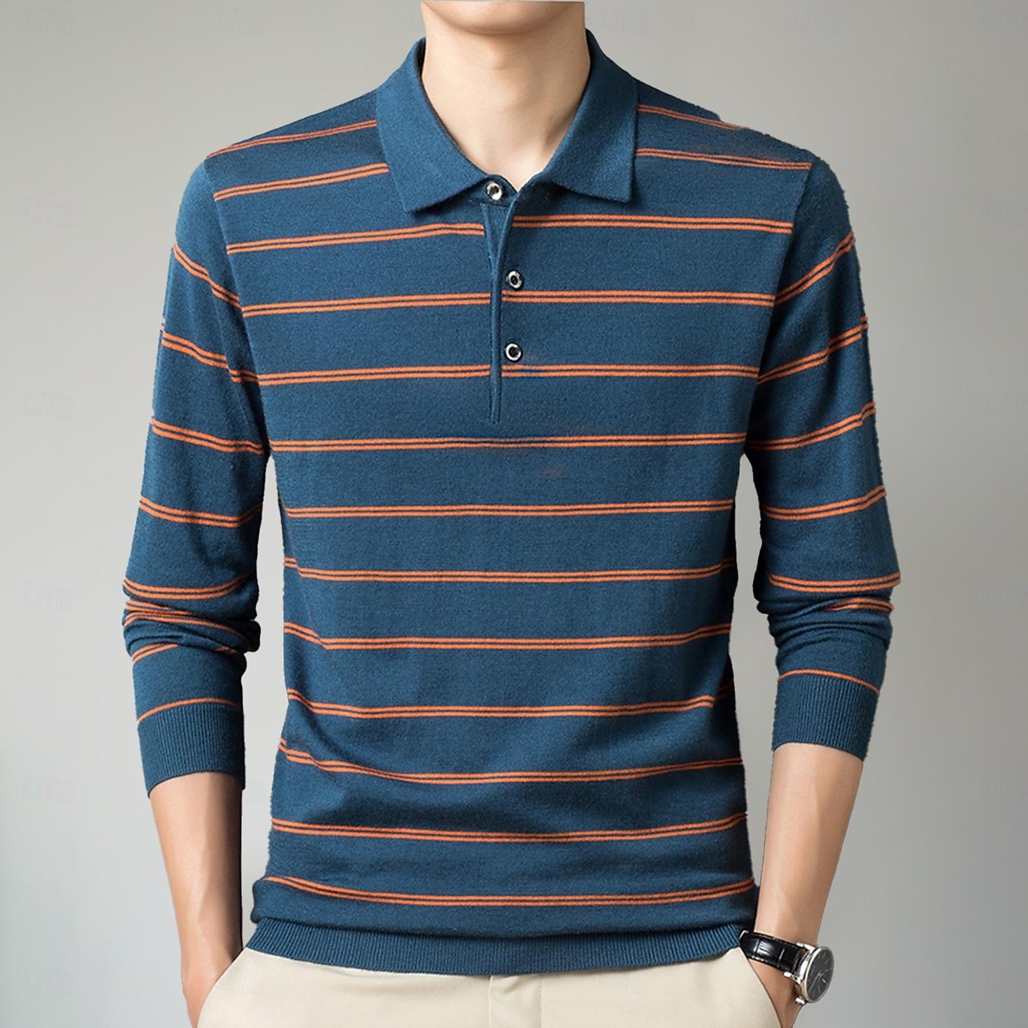 Herren-Poloshirt aus Wolle, Strick, Polopullover, formell, Arbeit, Umlegekragen, langärmlig, modern, bequem, gestreift, Knöpfe, Streifen, Frühling, Frühling & Herbst, normale Passform, Marineblau, Blau, Dunkelgrün, Braun, Polo 2025 - $31.99 –P2