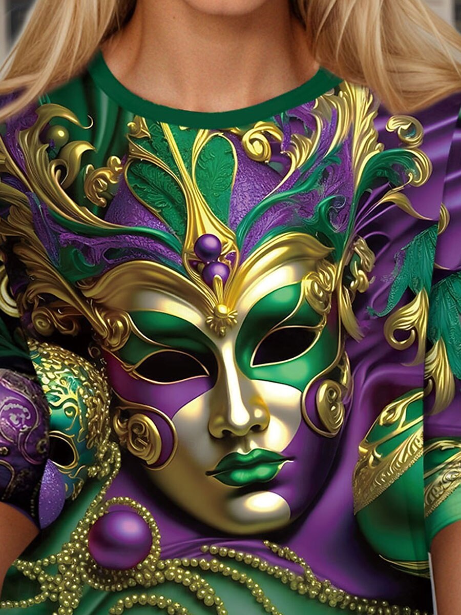 Mardi gras Dame T skjorte Grafisk Fritid Langermet Crew-hals Vanlige topper Daglig Trykt mønster Grønn Vår Høst 2025 - $22.99 –P2