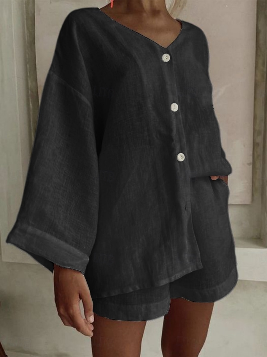 Women's Fashion Streetwear Daily Shirt Linen-Inspired Sets Two Piece Sets Baggy Shorts Long Sleeve V Neck Plain Casual Daily Black White Blue Summer Regular Fit 2025 - $30.99 –P4