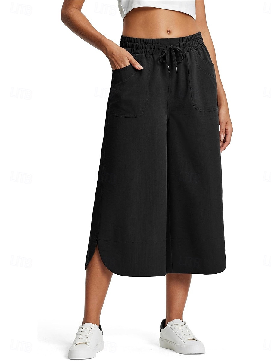 Women's Wide Leg Chinos Fashion Streetwear Calf-Length High Waist Plain Pocket Elastic Waistband Comfy Soft Comfortable Micro-elastic Outdoor Street Navy-blue Army Green Black Blue Summer Spring 2025 - $24.99 –P7
