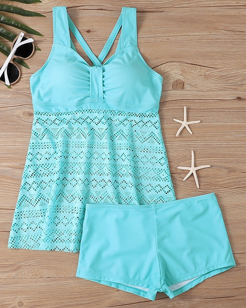 Femme Tankini Maillot De Bain Deux Pièces Dentelle Maillots de Bain Couleur Pleine Maillots de Bain Noir Bleu Ciel Respirable Séchage rapide Poids Léger Sans Manches - Natation Surf Plage Et de 2025 ? $21.59 –P5