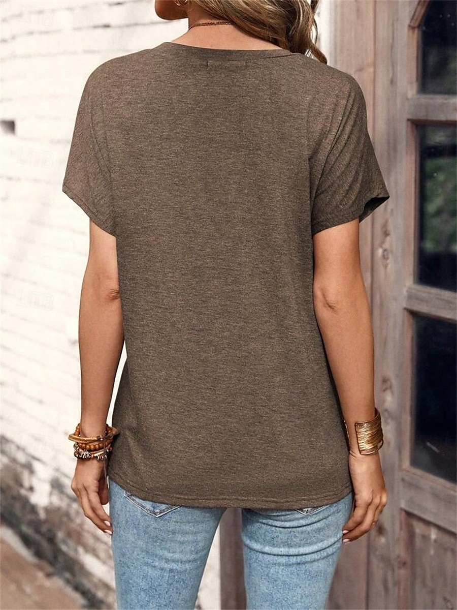 Pentru femei Tricou Simplu Modă Modern Casual Manșon scurt În V Topuri obișnuite Zilnic Sfârșit de săptămână Peteci Nasturi Roz Îmbujorat Albastru piscină Maro Trifoi Vară Primăvară 2025 - $21.99 –P5