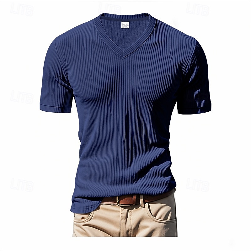 Men's Corduroy Shirt Short Sleeve Shirt Tee Top Short Sleeve V Neck Spring & Summer Summer Solid Color Pit Strip Sports Daily V Neck Warm Casual Outdoor Navy Blue Top Tee for Men 2026 - $25.99 –P3