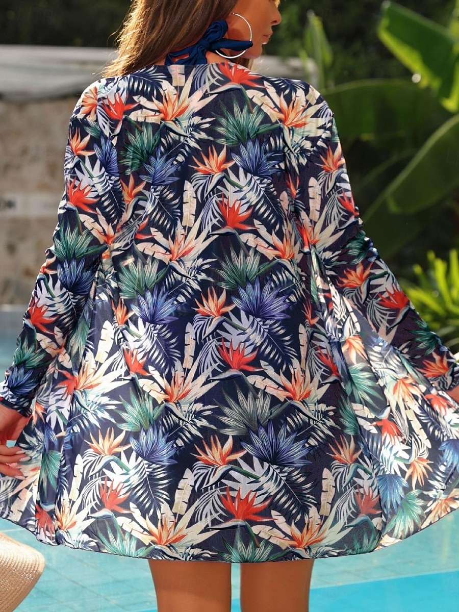 Dam Badkläder Bikini Tre delar Kalsonger Baddräkt Öppen rygg Smal Hög midja Semester Standkläder Blommig Halterneck Långärmad Baddräkter 2025 - $33.99 –P7