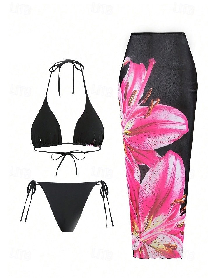 Dam Badkläder Bikini 2 st Kaxig Baddräkt Öppen rygg Smal Semester Standkläder Blommig Halterneck Ärmlös Baddräkter 2025 - $32.99 –P2