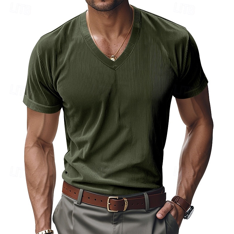 Men's Corduroy Shirt Short Sleeve Shirt Tee Top Short Sleeve V Neck Spring & Summer Summer Solid Color Pit Strip Sports Daily V Neck Warm Casual Outdoor Navy Blue Top Tee for Men 2026 - $25.99 –P8