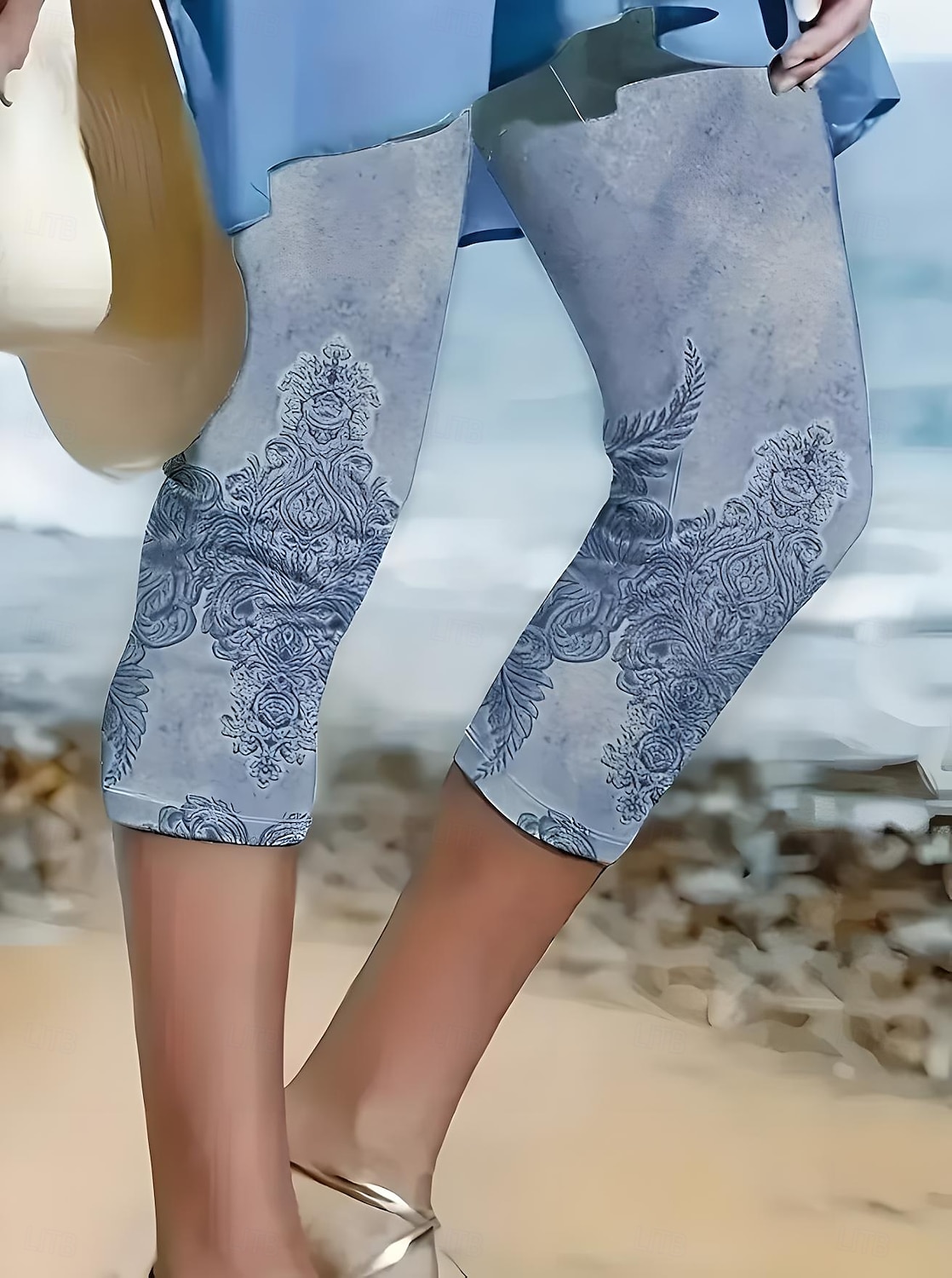Kvinnors leggings capribyxor hög elasticitet semester mode hawaïanska ankellängd medel midja blommigt tryck termisk varm andningsbar mjuk semester avslappnad vardag äggblå regular fit 2025 - $18.99 –P1