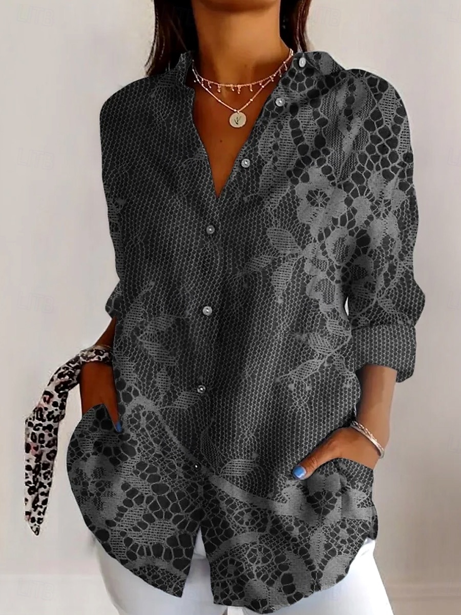 Camicia da donna in lino simile traspirante leggera camicia tunica con bottoni colletto a maniche lunghe stampa 3D floreale grafico quotidiana elegante retrò vintage top regolari quotidiani festa del 2026 a $37.99 –P1