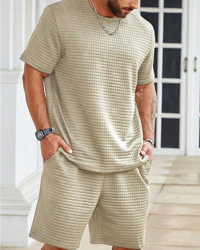 Hombre Waffle Tracksuit Camiseta y pantalones cortos Conjunto Conjunto de atuendo Cuello Barco Exterior Diario Deportes Bolsillo Correa 2 Piezas Plano Negro Blanco Caqui Poliéster Ropa de Deporte 2026 - $37.99 –P2