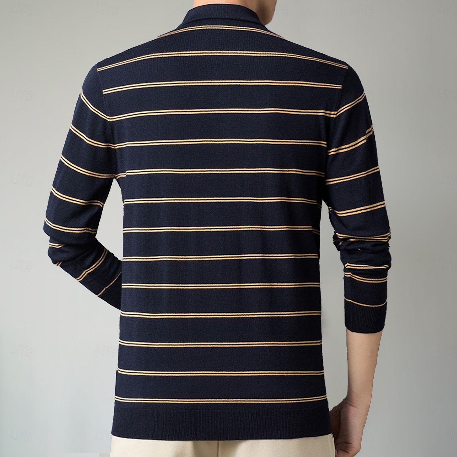 Herren-Poloshirt aus Wolle, Strick, Polopullover, formell, Arbeit, Umlegekragen, langärmlig, modern, bequem, gestreift, Knöpfe, Streifen, Frühling, Frühling & Herbst, normale Passform, Marineblau, Blau, Dunkelgrün, Braun, Polo 2025 - $31.99 –P11