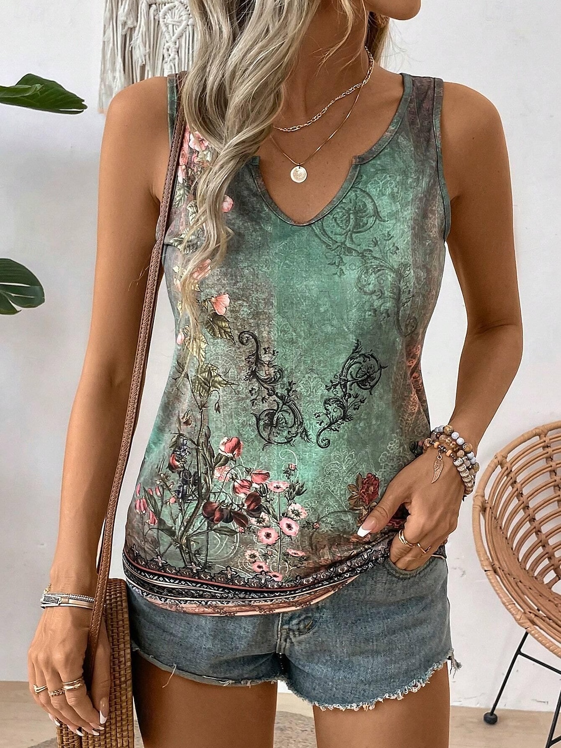 Women's Camisole Tank Top Floral Ethnic Casual Sleeveless U Neck Regular Tops Daily Print Green Summer 2026 - $19.99 –P4