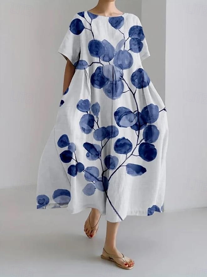 Damen Maxi Kleid Lässig Kleid Lässiger Urlaub Lockere Passform Grafik Leinenähnlich Blatt 3/4 Länge Ärmel Rundhalsausschnitt Blau Frühling Herbst Winter 2025 - $36.99 –P1