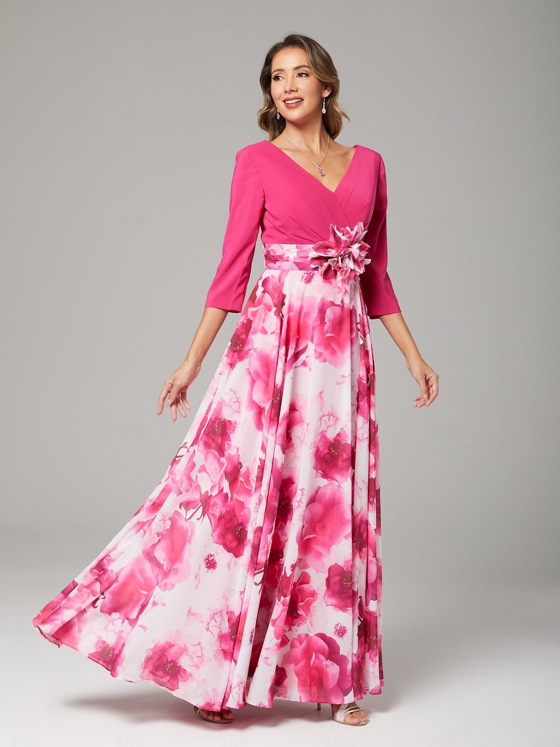 Robe Mère de la Mariée A-Line Robe Élégante Col V Longueur Du Sol En Chiffon Manche 3/4 avec Fleur Robe Derby Robe de Course Invité de Mariage 2025 de 2025 ? $198.99 –P3
