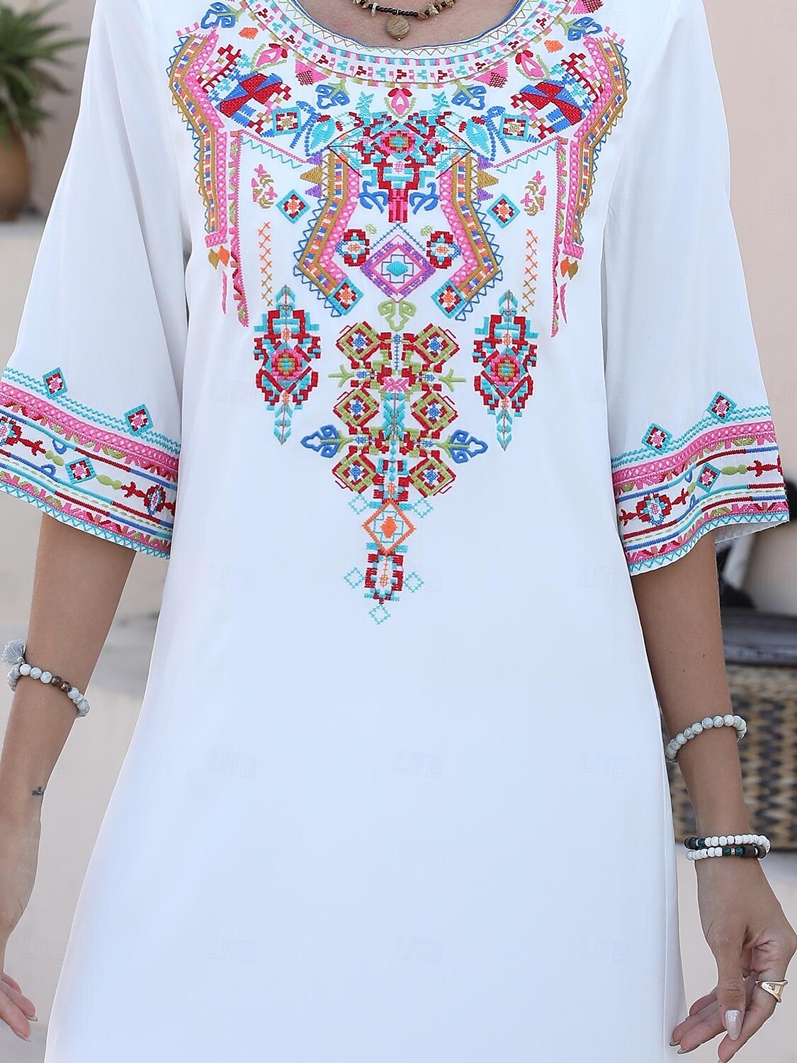 Valentine's Day Women's Normal Mini Dress Boho Chic Dresses A Line Dress Bohemia Stylish Classic Elbow Sleeve Vacation Party Casual Form Fit Floral Plain 3/4 Length Sleeve Crew Neck Black White Summer 2025 - $37.99 –P14