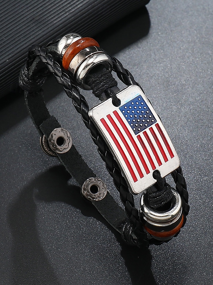 Amerikansk flaggarmband i läder för män – snyggt flätat band med metall- och trädetaljer för vardagliga och patriotiska tillfällen 2025 - $7.99 –P1