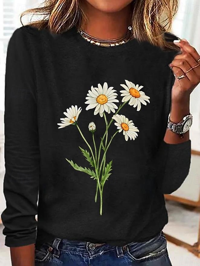 Femme T shirt Floral Décontractées manche longue Col Rond Hauts réguliers du quotidien Fin de semaine Imprimer Noir Automne Hiver de 2025 ? $22.99 –P1
