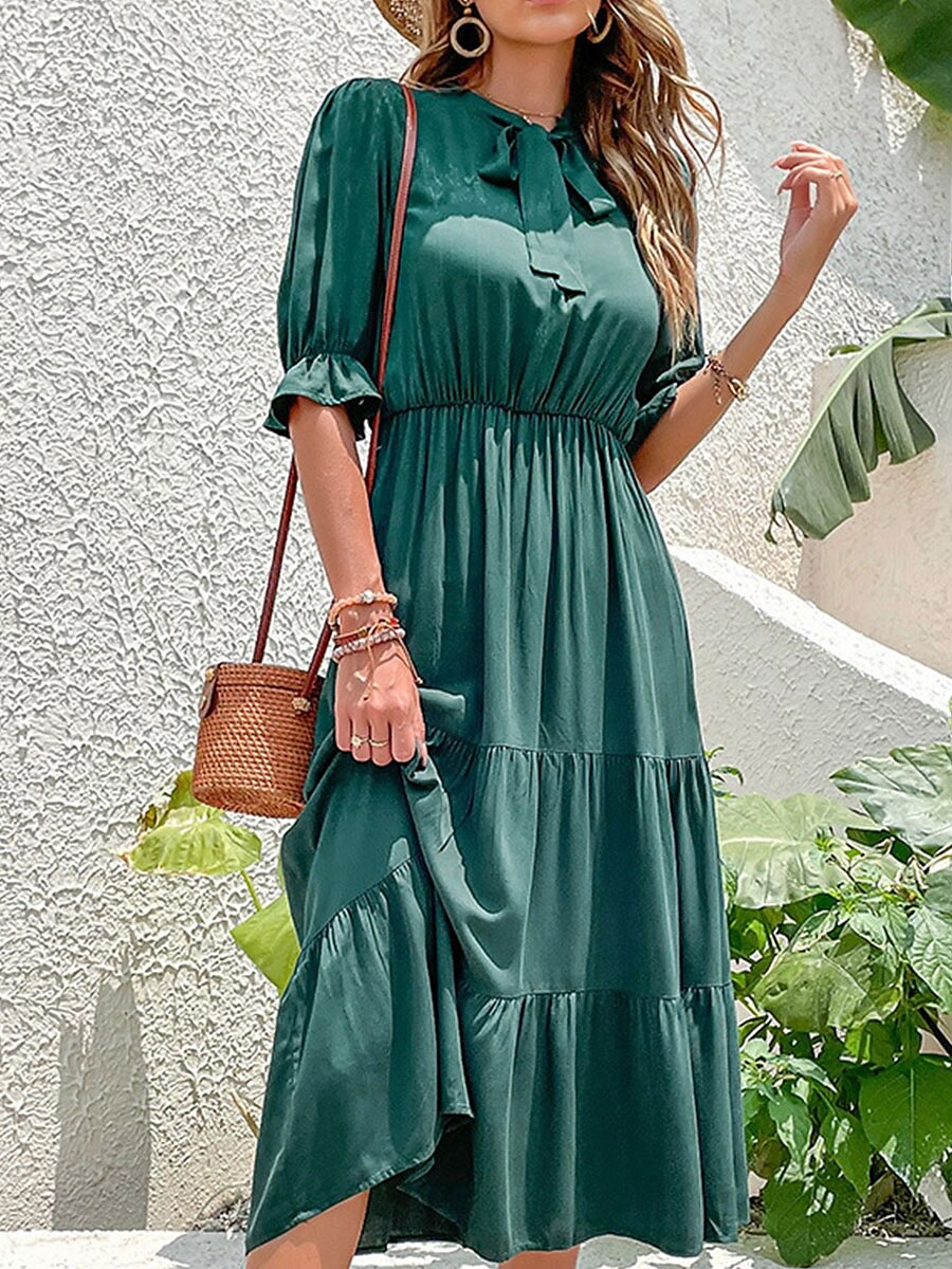 Damen kleid lang Maxidress A Linie Kleid Basic Brautkleider schlicht Urlaub Arbeit Casual Regular Fit Glatt Halbe Ärmel Rundhalsausschnitt Schwarz Burgunderrot Grün Sommer Frühling Herbst 2025 - $30.99 –P3