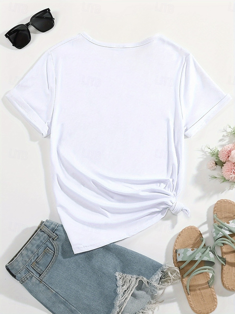Women's 100% Cotton T Shirt Cotton Shirt Letter Casual Short Sleeve Round Neck Regular Tops Daily Print White Summer 2025 - $19.99 –P2