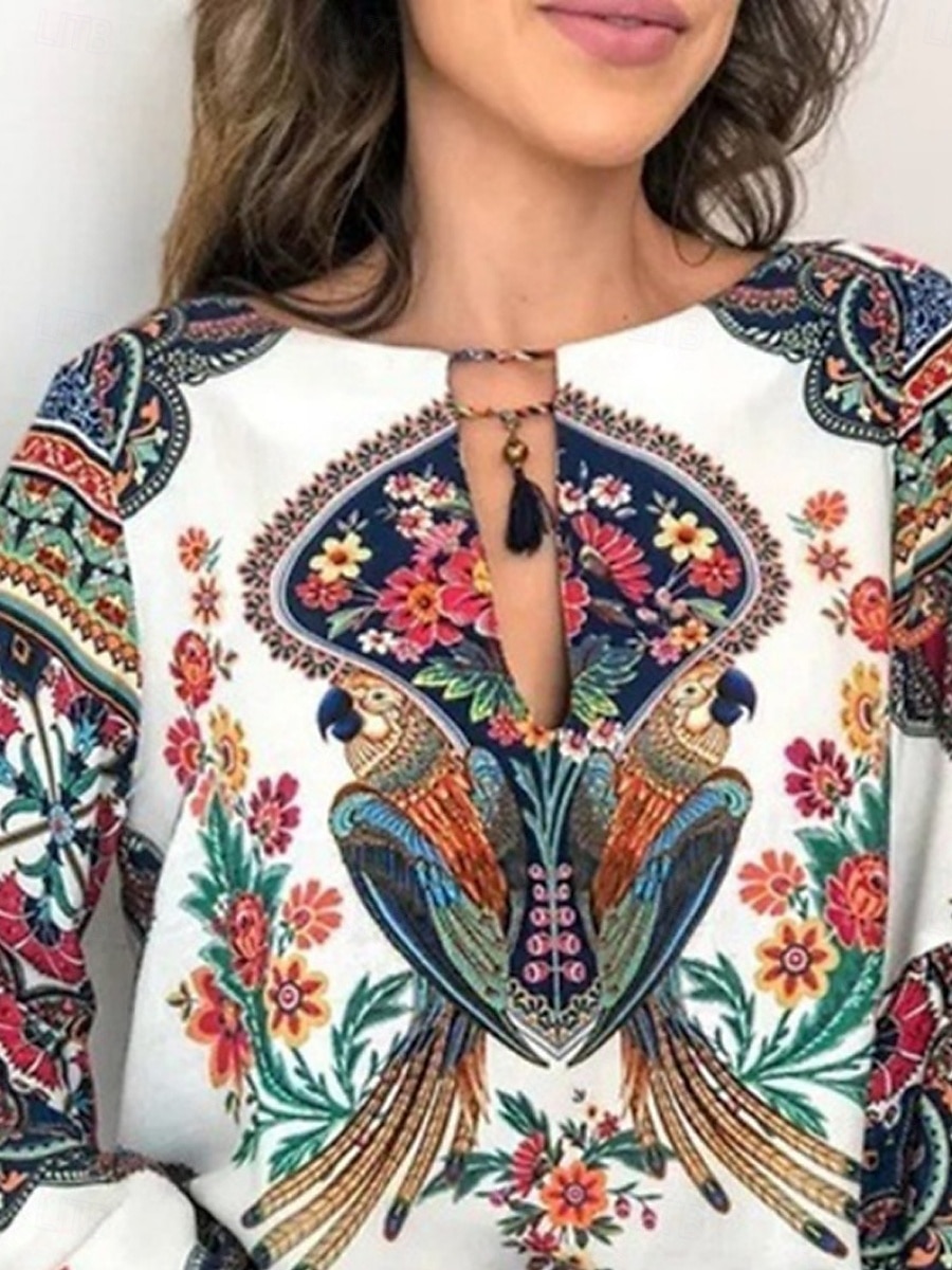 Dame Skjorte Bluse Blomstret Bohem Retro / vintage Fritid Langermet Crew-hals Vanlige topper Daglig Trykt mønster Hvit Rosa Sommer Vår 2025 - $22.99 –P3