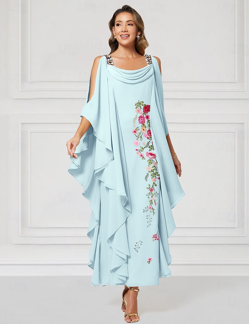 Robe colonne florale bleue mère de la mariée élégante taille plus col bijou longueur au sol chiffon manches demi-saison avec perles volants en cascade de 2025 ? $177.99 –P1