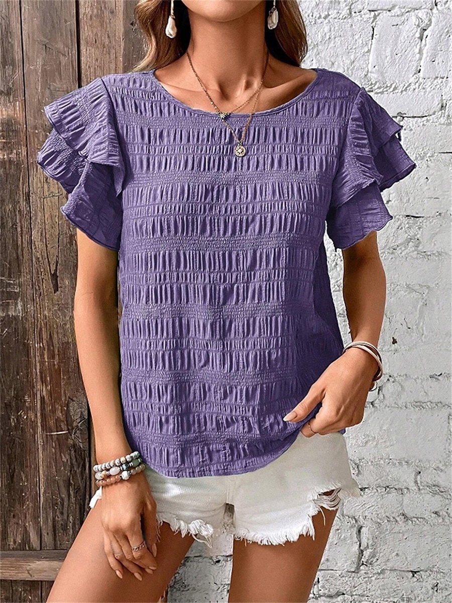 Women's Blouse Solid Color Elegant Daily Stylish Short Sleeve Crew Neck Regular Tops Daily Holiday Going out Ruffle Patchwork Sage Green Red Navy Blue Purple Green Summer Spring 2025 - $22.99 –P14