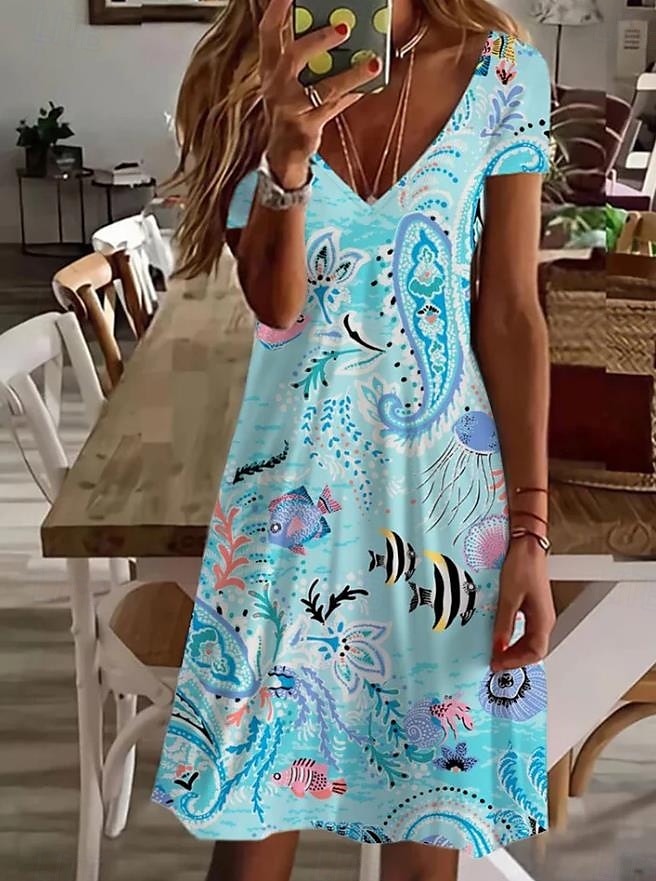 Robe Mini Femme Robe Décontractée Élégante Tropicale Hawaïenne Quotidienne Coupe Régulière Imprimé Floral Manches Courtes Col Ronde Bleu Été de 2025 ? $23.99 –P1