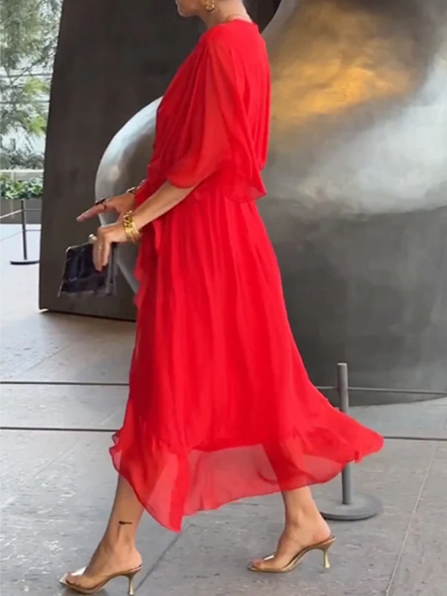 Damen Midikleid schwarzes kleid Casual kleid A Linie Kleid Basic Brautkleider schlicht Urlaub Täglich Regular Fit Glatt 3/4 Ärmel V Ausschnitt Schwarz Weiß Rote Orange Sommer Frühling 2025 - $36.99 –P2