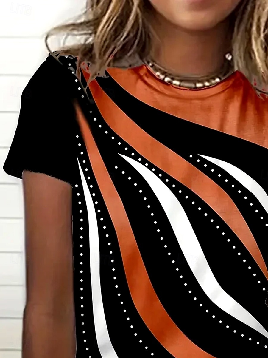 Dam T-shirt Grafisk Geometrisk Randig Elegant Vintage Mode Kortärmad Rund hals Vanliga toppar Dagligen Utekväll Helgen Mönster Orange Sommar 2025 - $19.99 –P2