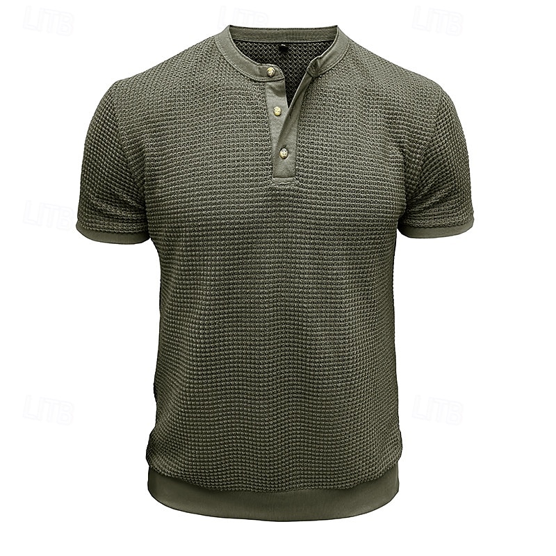 Herre Vaffel Henley-skjorte Henly-skjorte Strikk T-skjorte Kortermet Helfarge عادي Strikketøy Fritid hverdag Knapper Strikket Henley utendørs Avslappet Daglig Sommer Vår & Vinter Svart Hvit Grå 2025 - $20.99 –P2