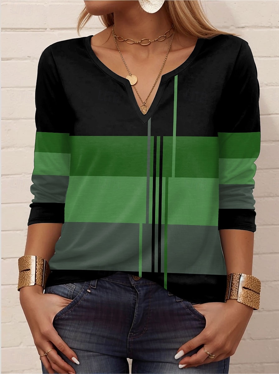 Femme T shirt Géométrique Rayé Décontractées manche longue Col cranté Hauts réguliers du quotidien Imprimer Noir Bleu Violet Vert Eté Printemps Automne de 2025 ? $27.99 –P5