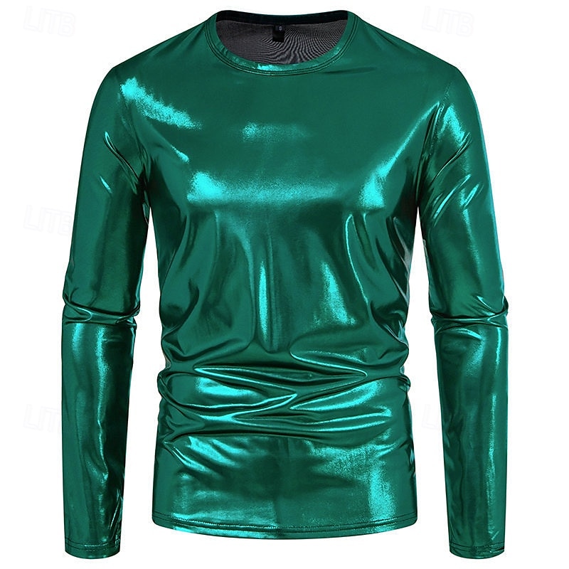 Men's Tee Tee Top Long Sleeve Shirt Long Sleeve Crew Neck Spring &  Fall Plain Fashion Designer Shiny Metallic Vacation Street Going out Silver Green Red Top Tee for Men 2025 - $21.99 –P9