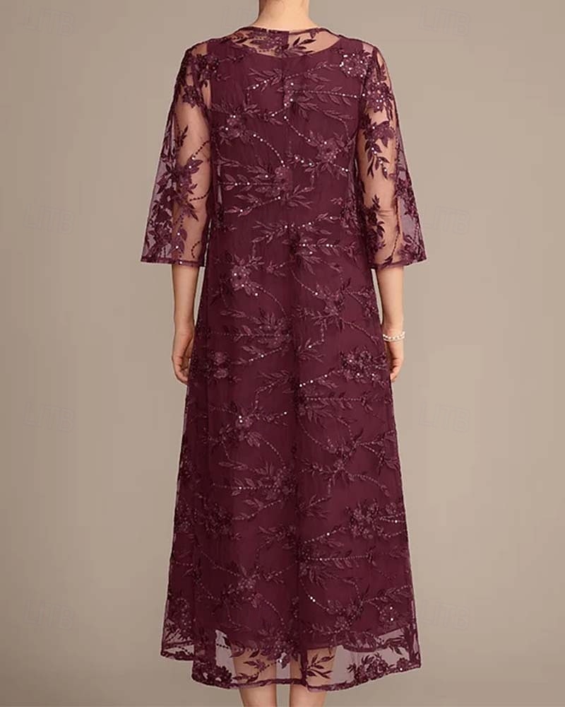 Conjunto de Vestido de Mãe da Noiva Elegante Vintage Simples Gola Redonda Comprimento Chá Chiffon Manga 3/4 Com Bordas em Cascata com Aplique de Renda Floral com Lantejoulas 2025 de 2025 por $191.99 –P2