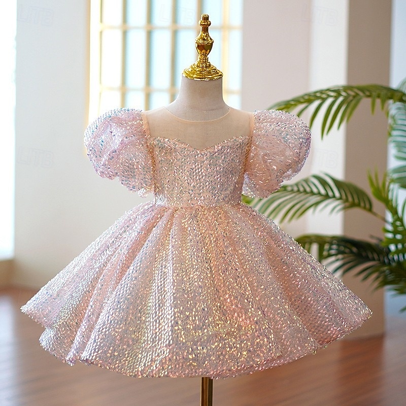 kinderkleidung Mädchen Party Kleid Feste Farbe 3/4 Ärmel Leistung Gitter Prinzessin Süß Gitter Mitte der Wade Etuikleid Tüll-Kleid Sommer Frühling Herbst 4-12 Jahre Rosa 2025 - $59.99 –P3