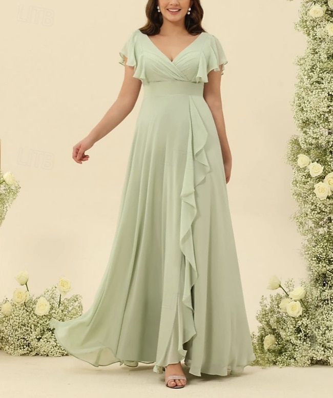 Linha A Vestido de Madrinha Decote V Manga Curta Elegante Longo Chiffon com Fru-Fru / Franzido 2022 de 2025 por $158.99 –P1