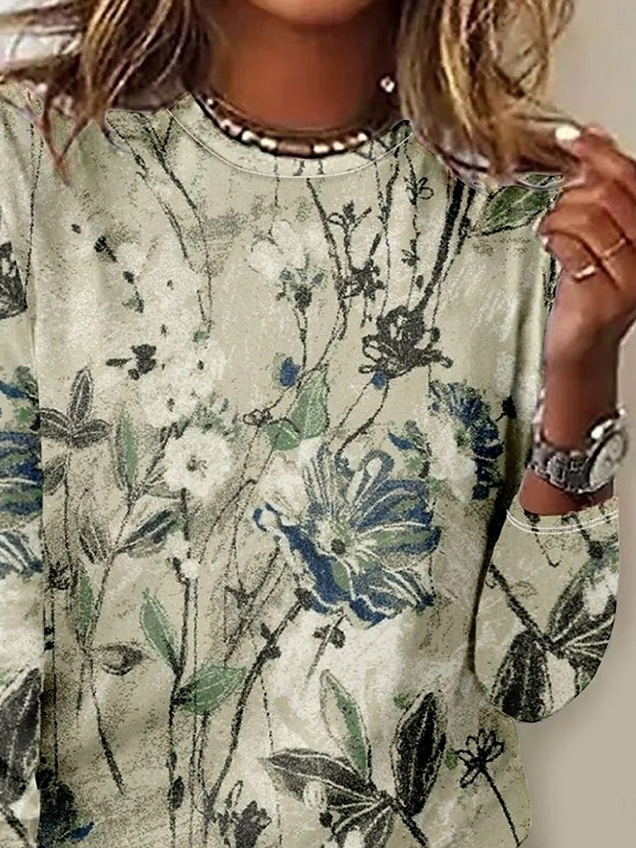 Maglietta da donna a maniche lunghe con scollo tondo tunica floreale piante elegante vintage top regolari quotidiani per uscire stampa verde chiaro del 2026 a $24.99 –P2