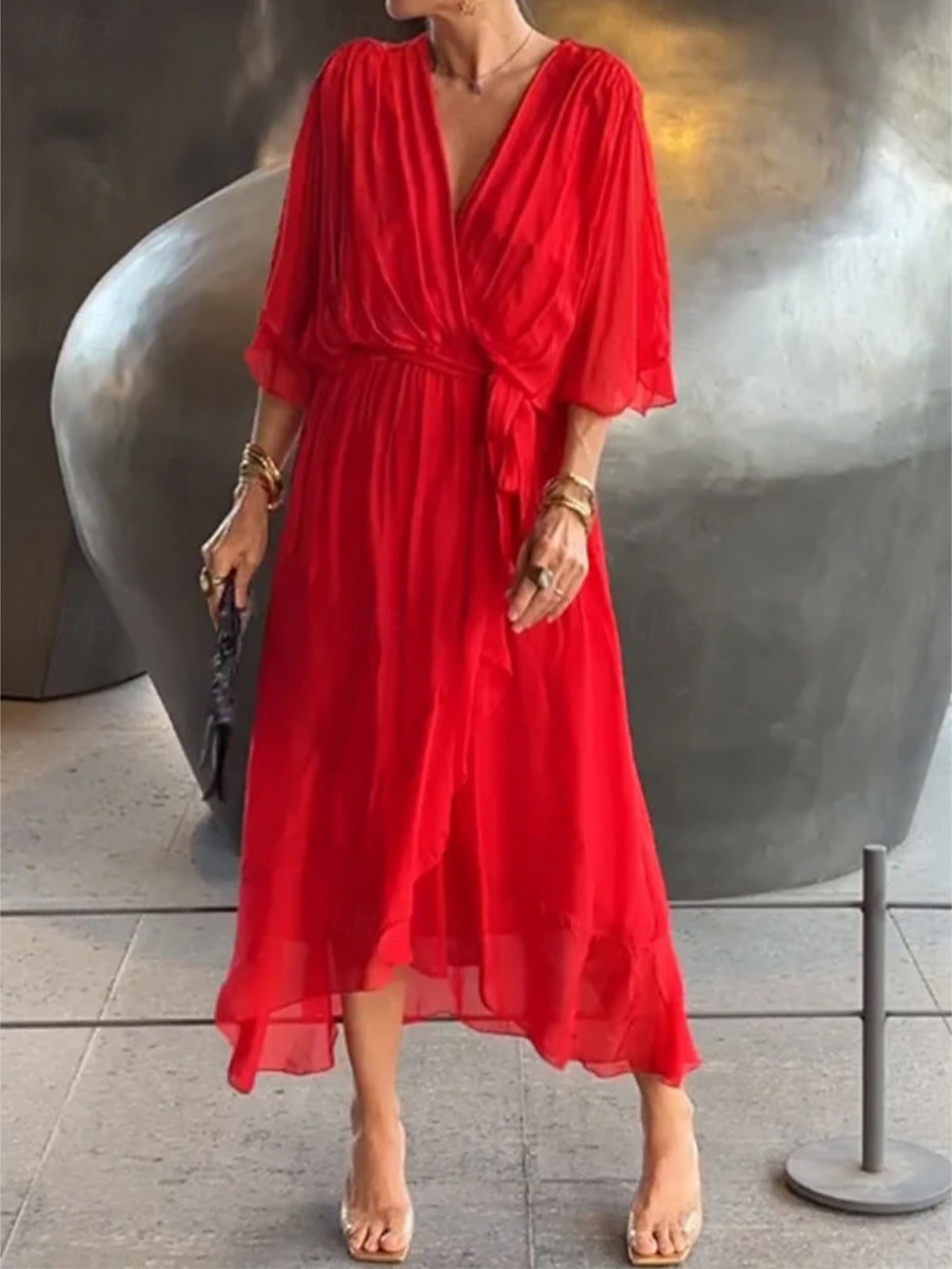Damen Midikleid schwarzes kleid Casual kleid A Linie Kleid Basic Brautkleider schlicht Urlaub Täglich Regular Fit Glatt 3/4 Ärmel V Ausschnitt Schwarz Weiß Rote Orange Sommer Frühling 2025 - $36.99 –P3
